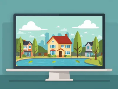 Digital Illustration Of Suburban Houses Near A Pond