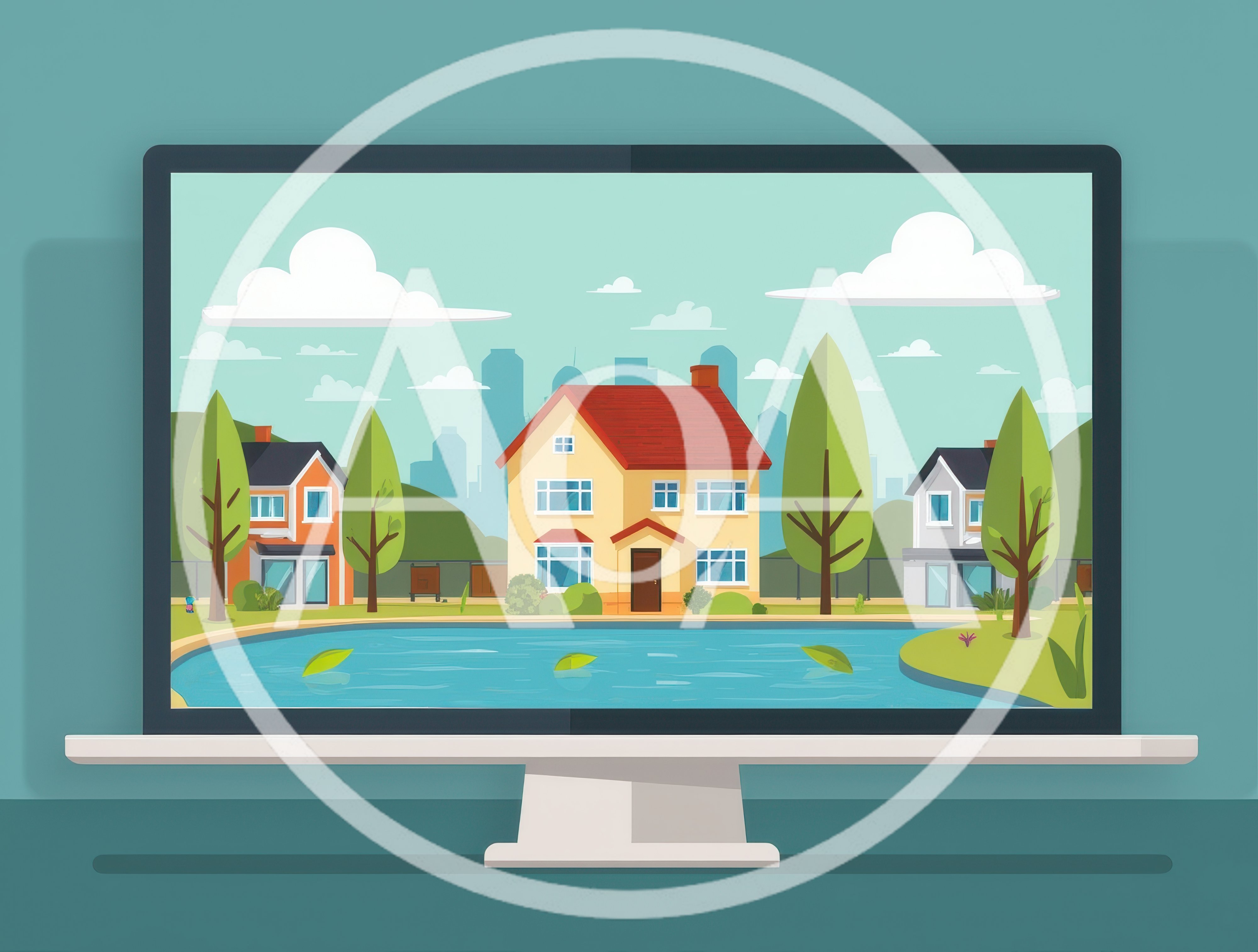 Digital Illustration Of Suburban Houses Near A Pond