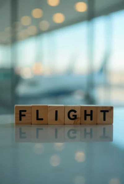 Wooden Blocks Spelling Flight on Airport Terminal Table