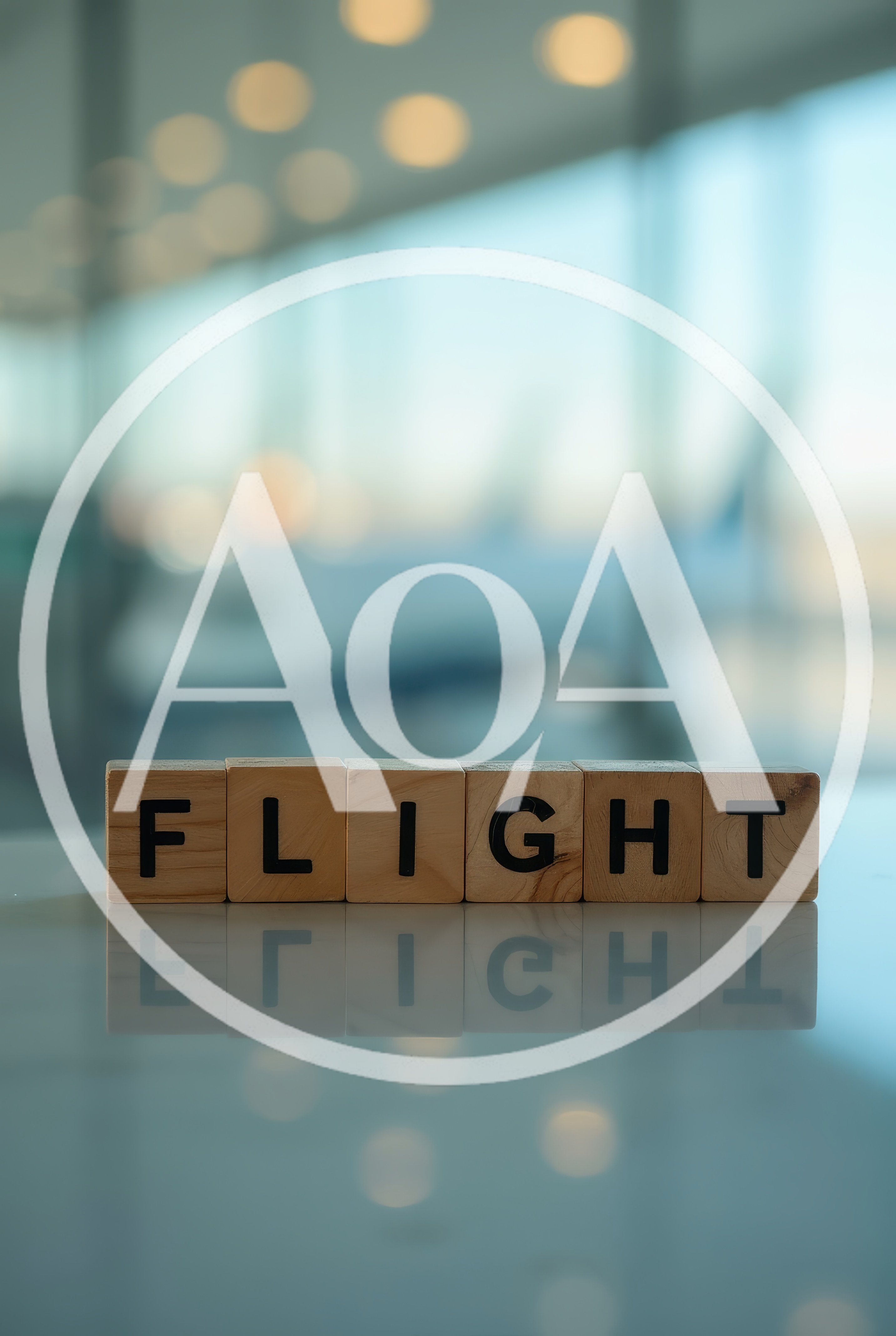 Wooden Blocks Spelling Flight on Airport Terminal Table