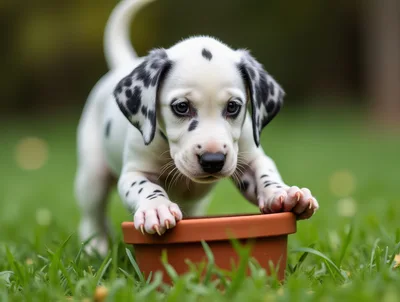 Cute Dalmatian Puppy Playing With A Flower Pot