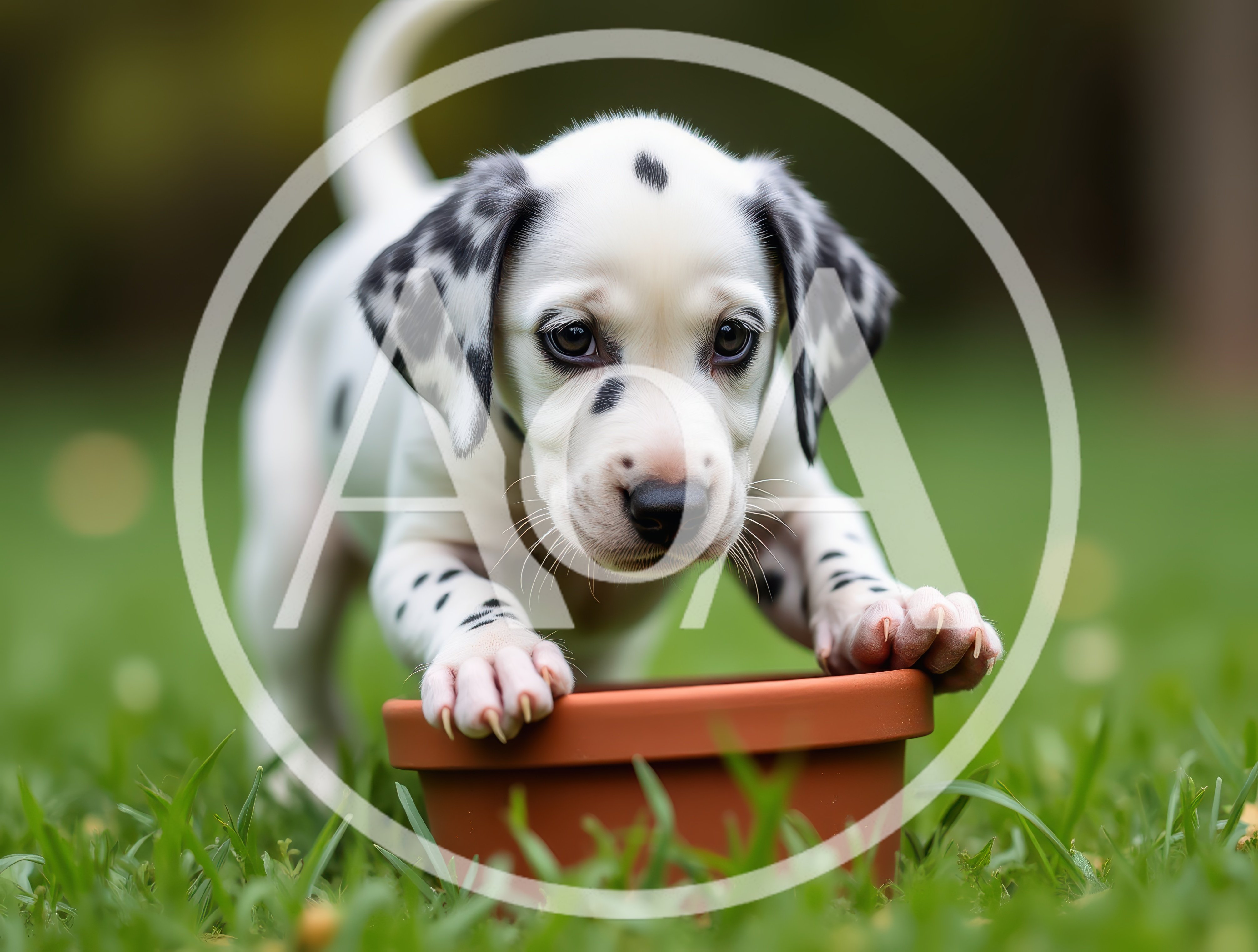 Cute Dalmatian Puppy Playing With A Flower Pot