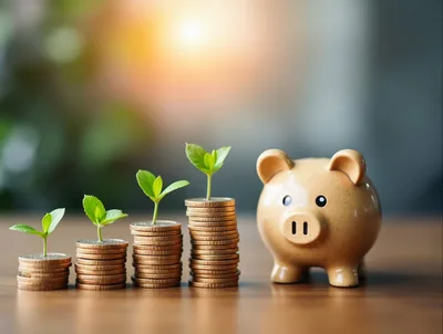 Piggy Bank With Growing Stacks Of Coins And Plants