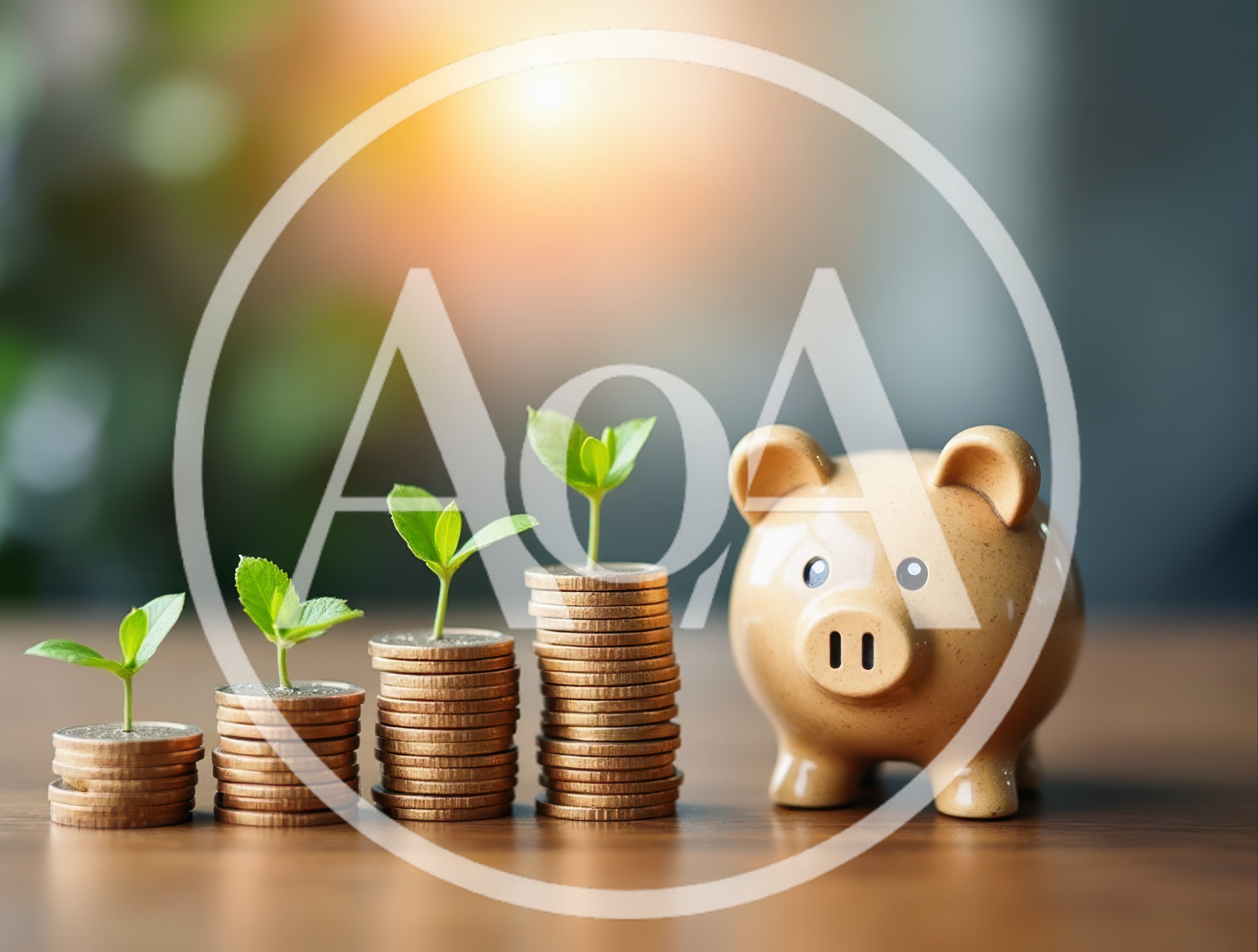Piggy Bank With Growing Stacks Of Coins And Plants