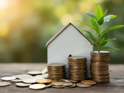 Miniature House Model With Stacks Of Coins And Plant