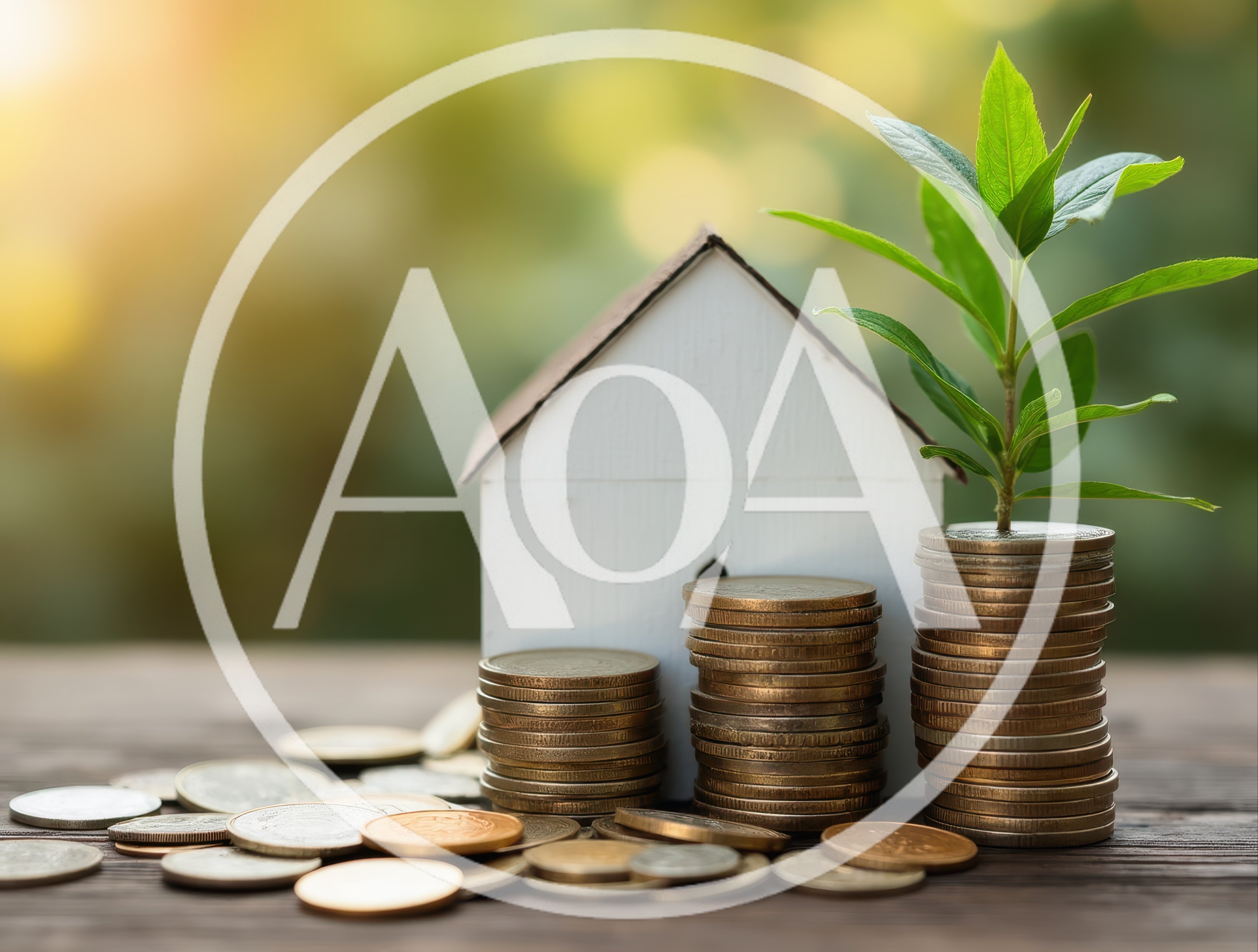 Miniature House Model With Stacks Of Coins And Plant