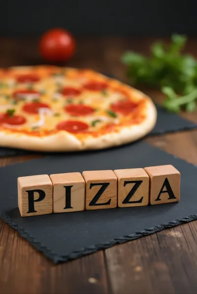 Wooden Blocks Spelling Pizza Next To A Fresh Pizza