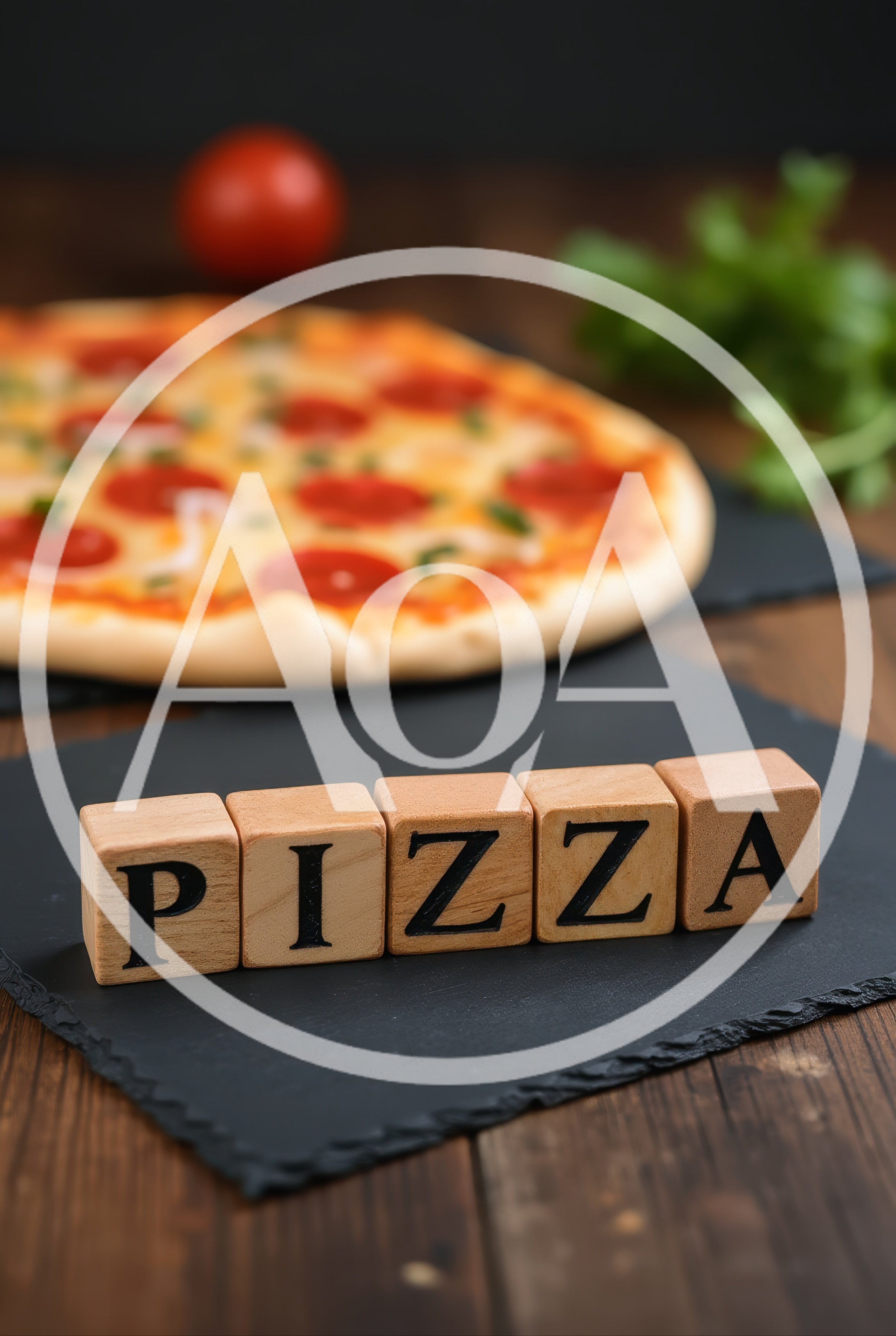 Wooden Blocks Spelling Pizza Next To A Fresh Pizza