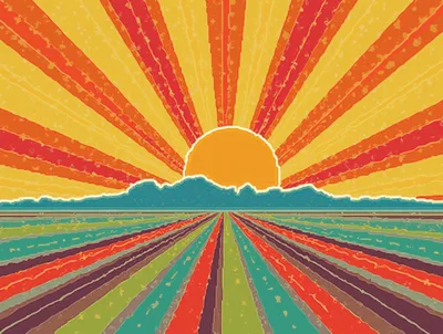 Retro Sunset Landscape With Geometric Field Patterns