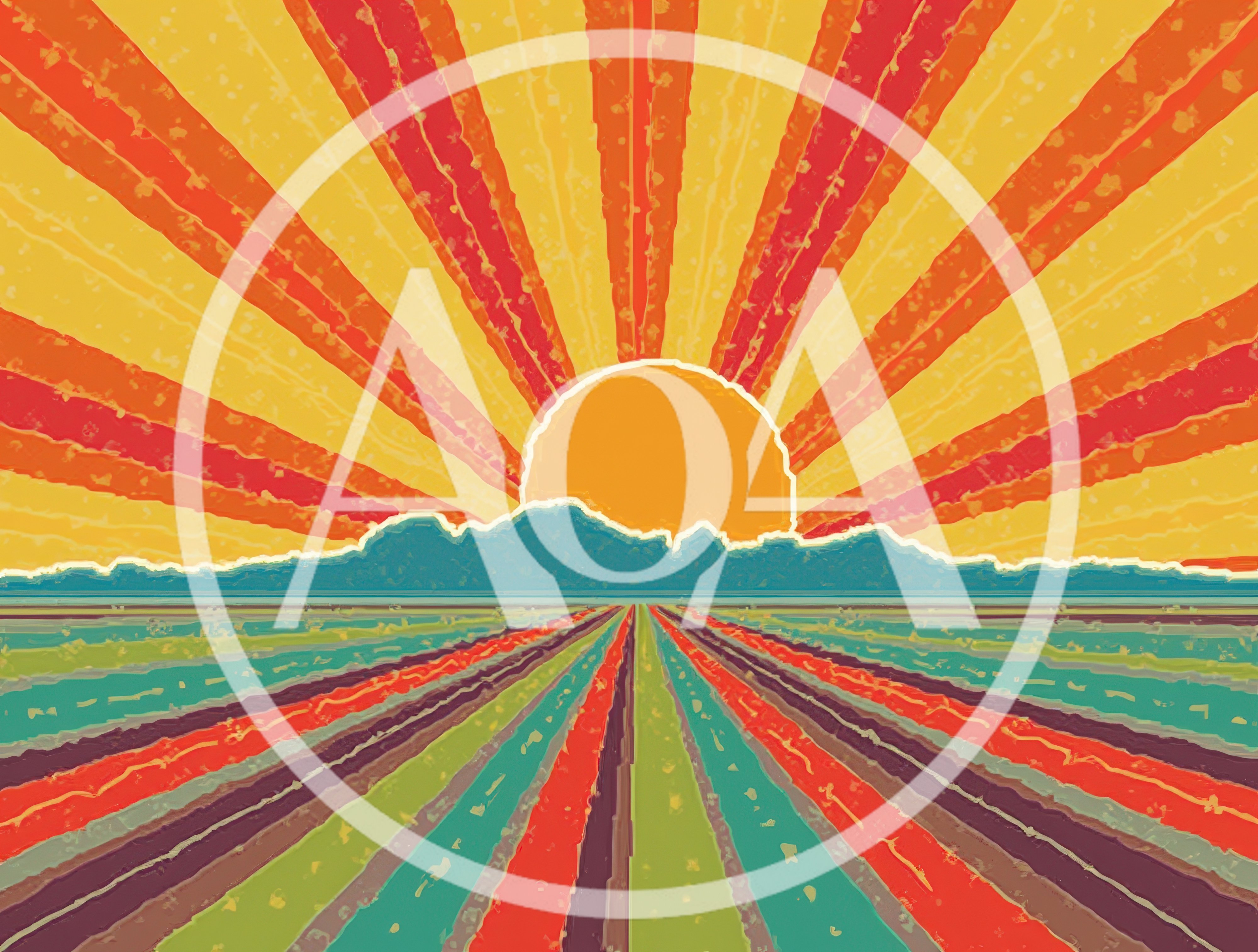 Retro Sunset Landscape With Geometric Field Patterns