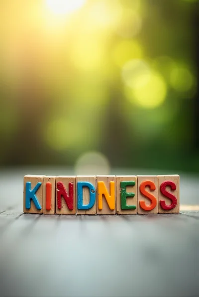 Wooden Blocks Spelling Kindness On A Blurred Nature Background
