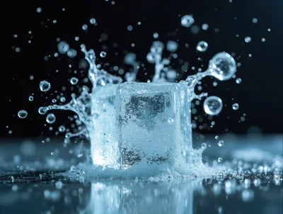 Ice Cube Splashing Into Water With Droplets