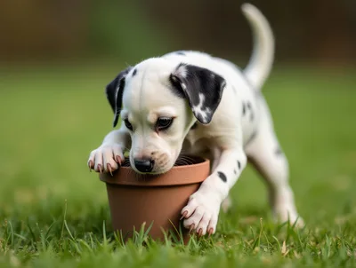 Dalmatian Puppy Playing With A Small Clay Flower Pot