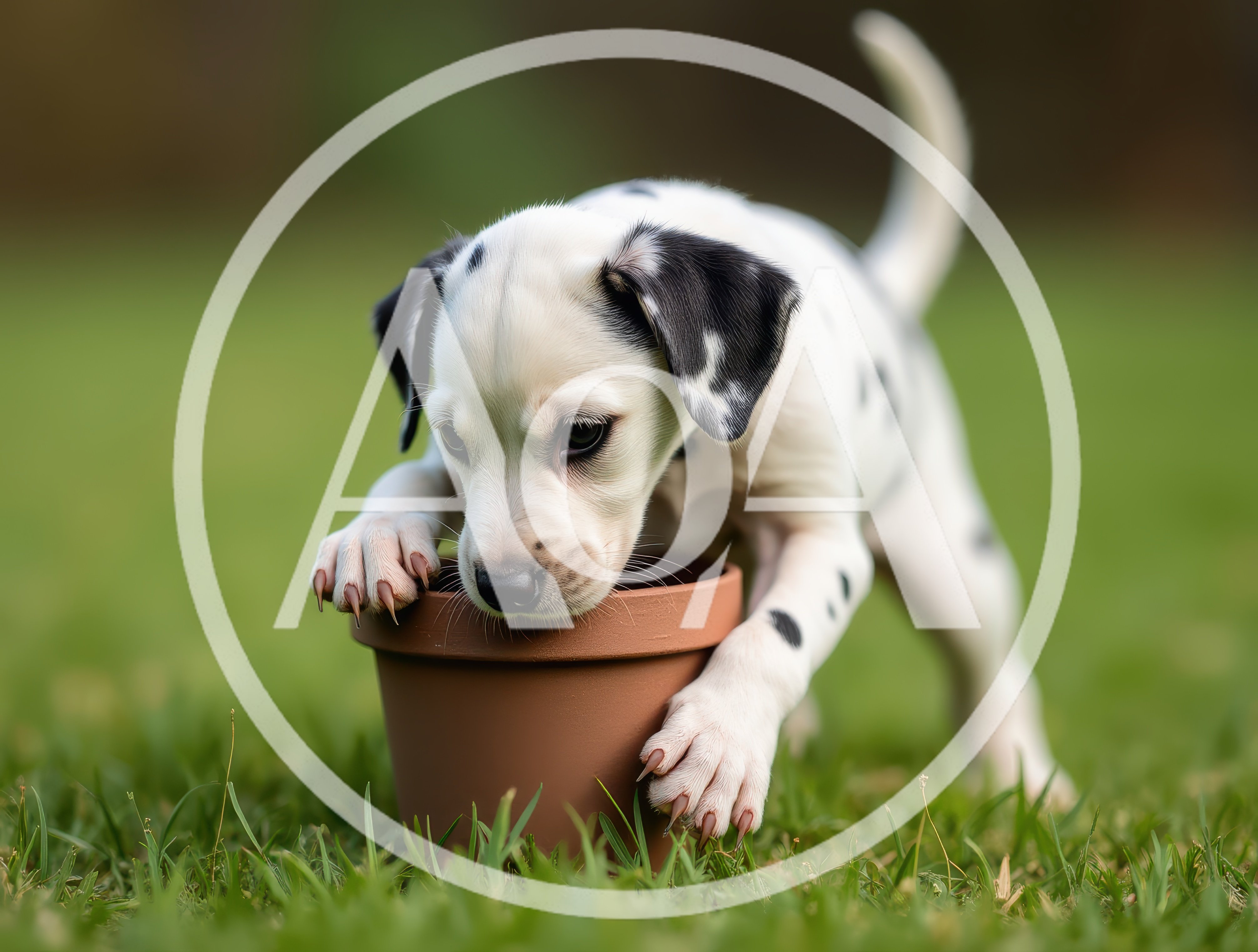 Dalmatian Puppy Playing With A Small Clay Flower Pot
