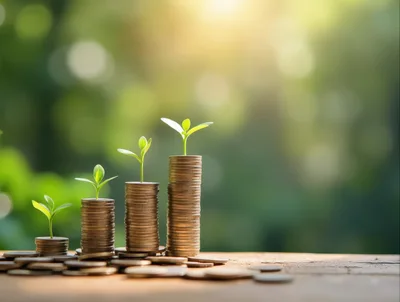 Small Plants Growing On Stacks Of Coins
