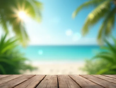 Wooden Table Overlooking A Tropical Beach Scene