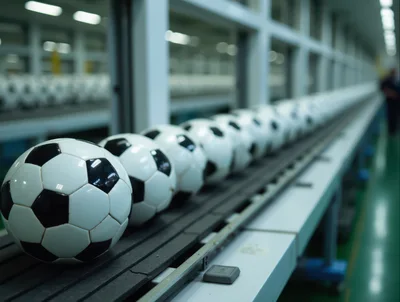 Soccer Balls Moving Along A Factory Conveyor Belt