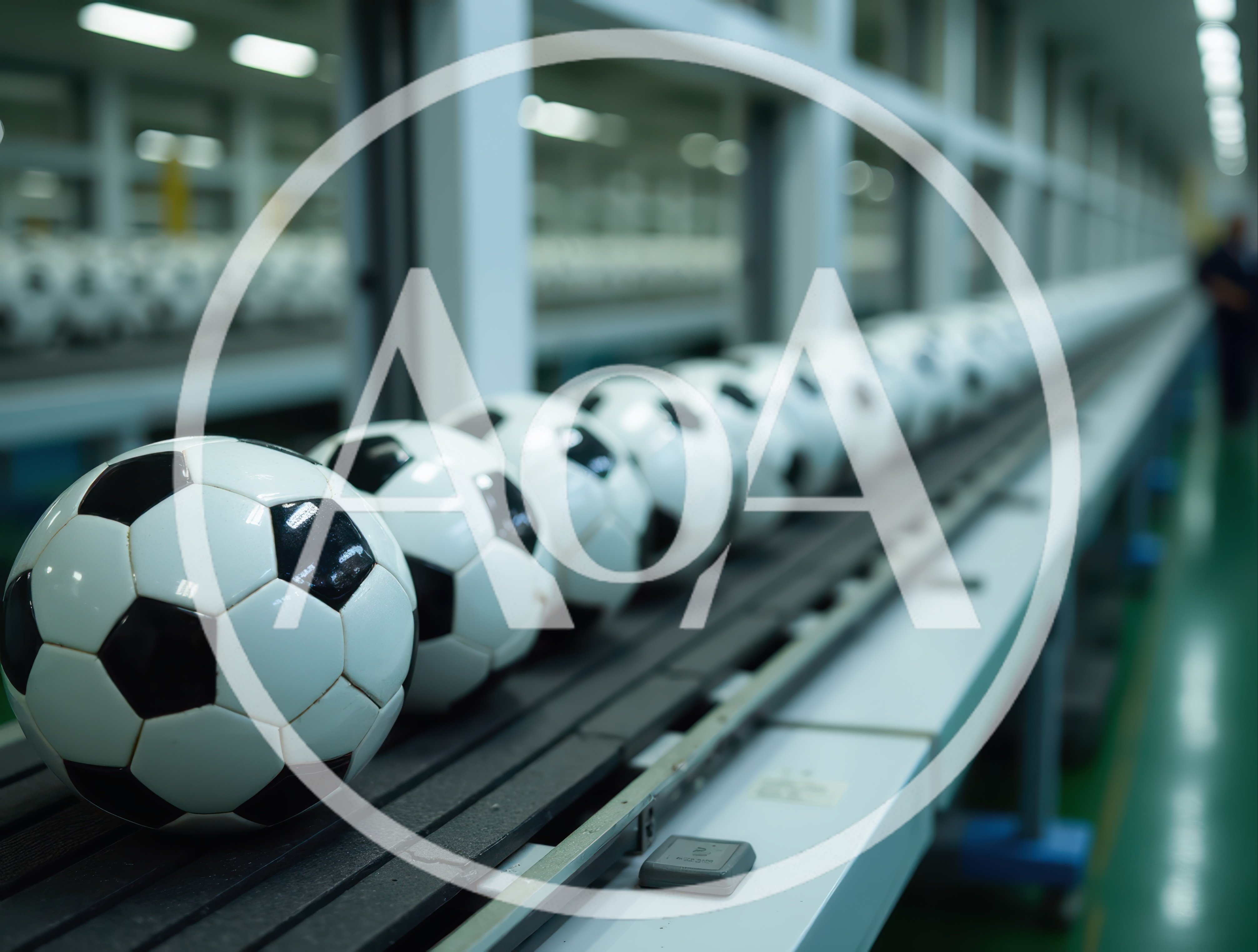 Soccer Balls Moving Along A Factory Conveyor Belt