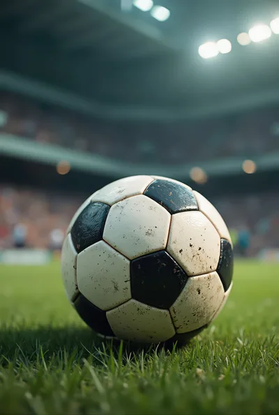 Dirty Soccer Ball Resting On Stadium Grass