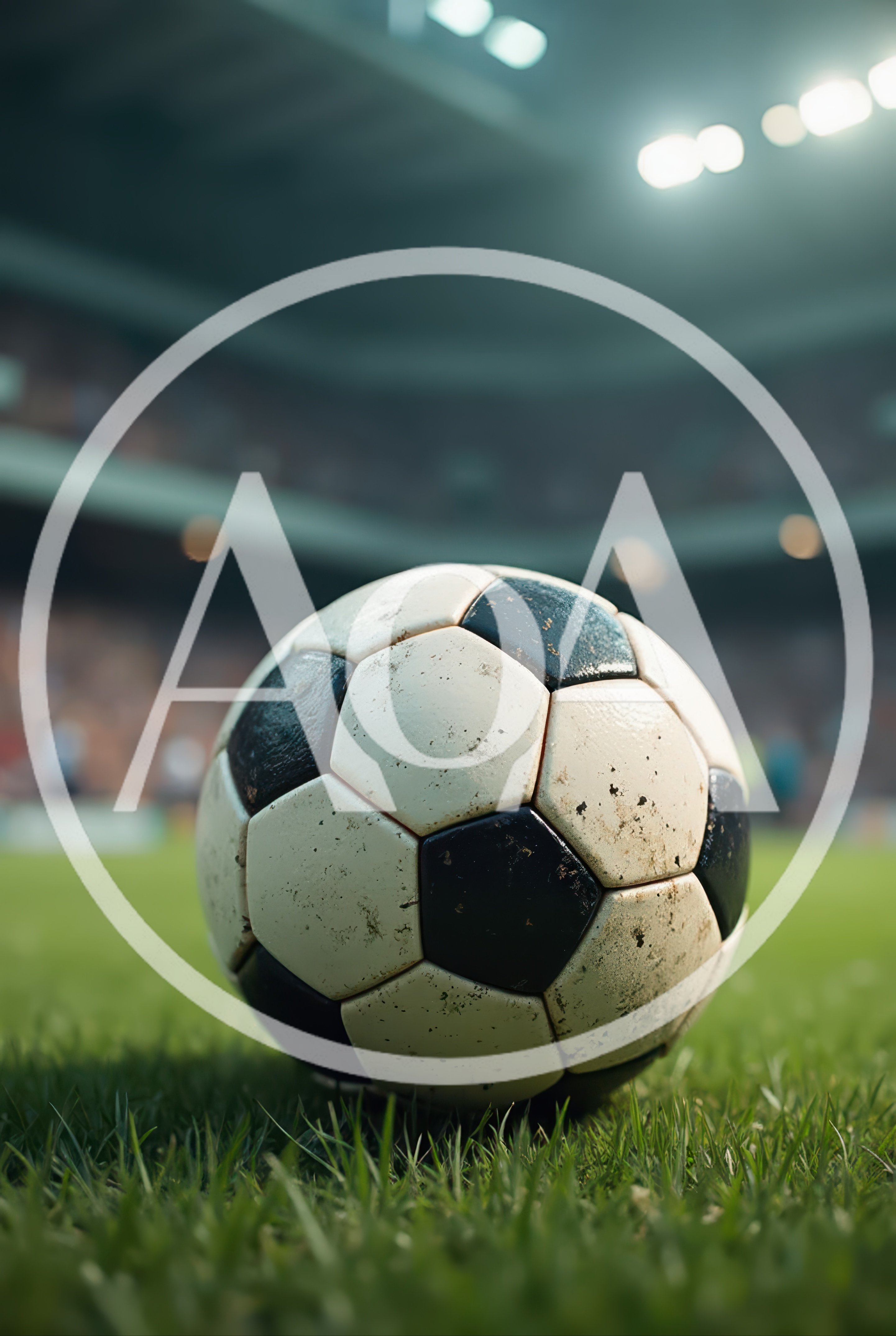 Dirty Soccer Ball Resting On Stadium Grass