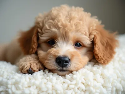 Adorable Goldendoodle Puppy Resting On Soft White Blanket