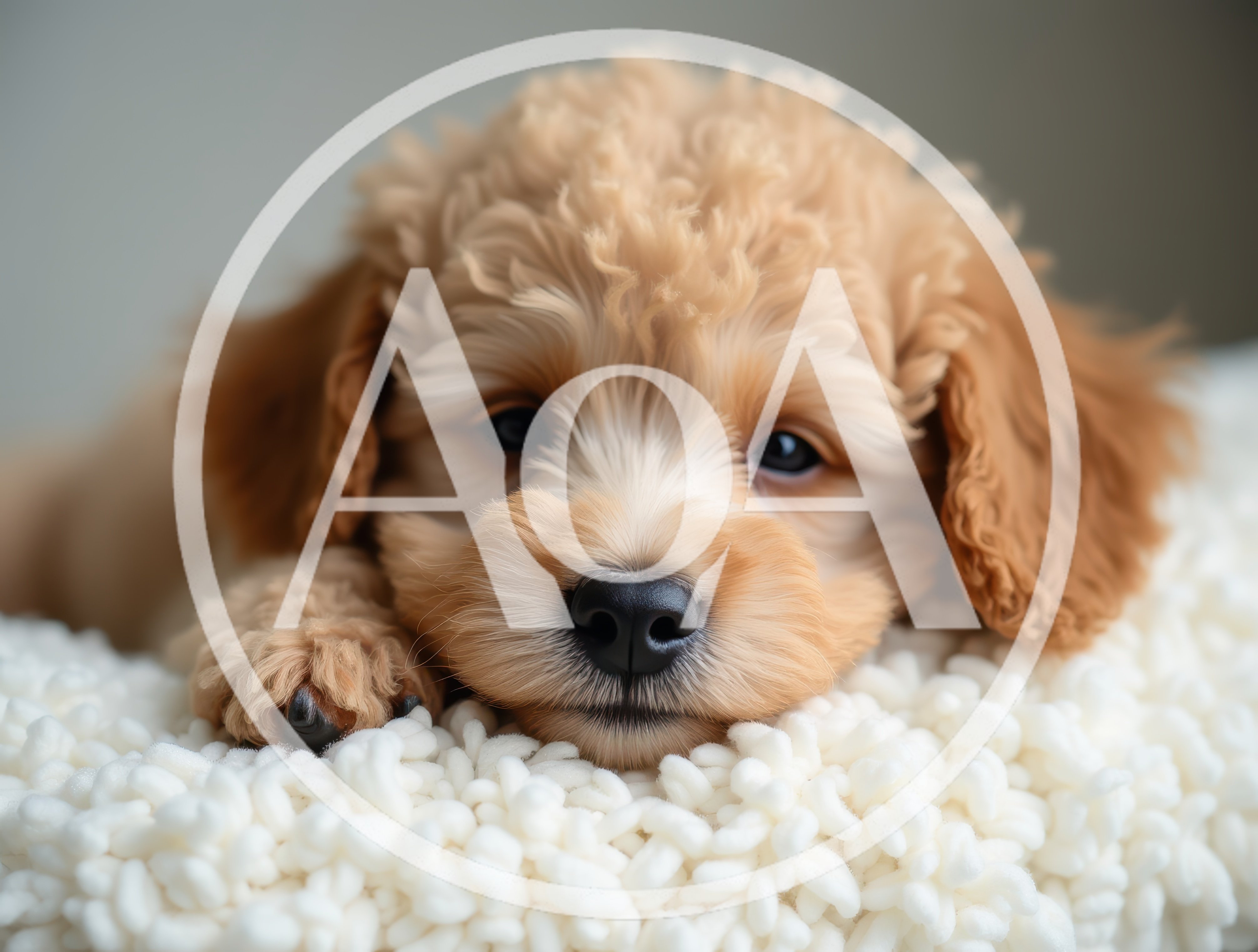 Adorable Goldendoodle Puppy Resting On Soft White Blanket