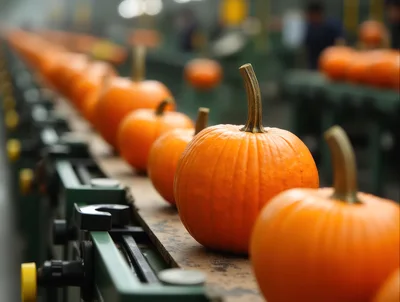 Pumpkins Moving Along An Industrial Conveyor Belt