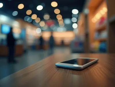 Smartphone Resting On A Wooden Table In A Store