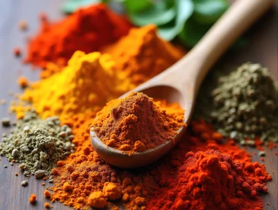 Wooden Spoon With Vibrant Spices On Wooden Surface