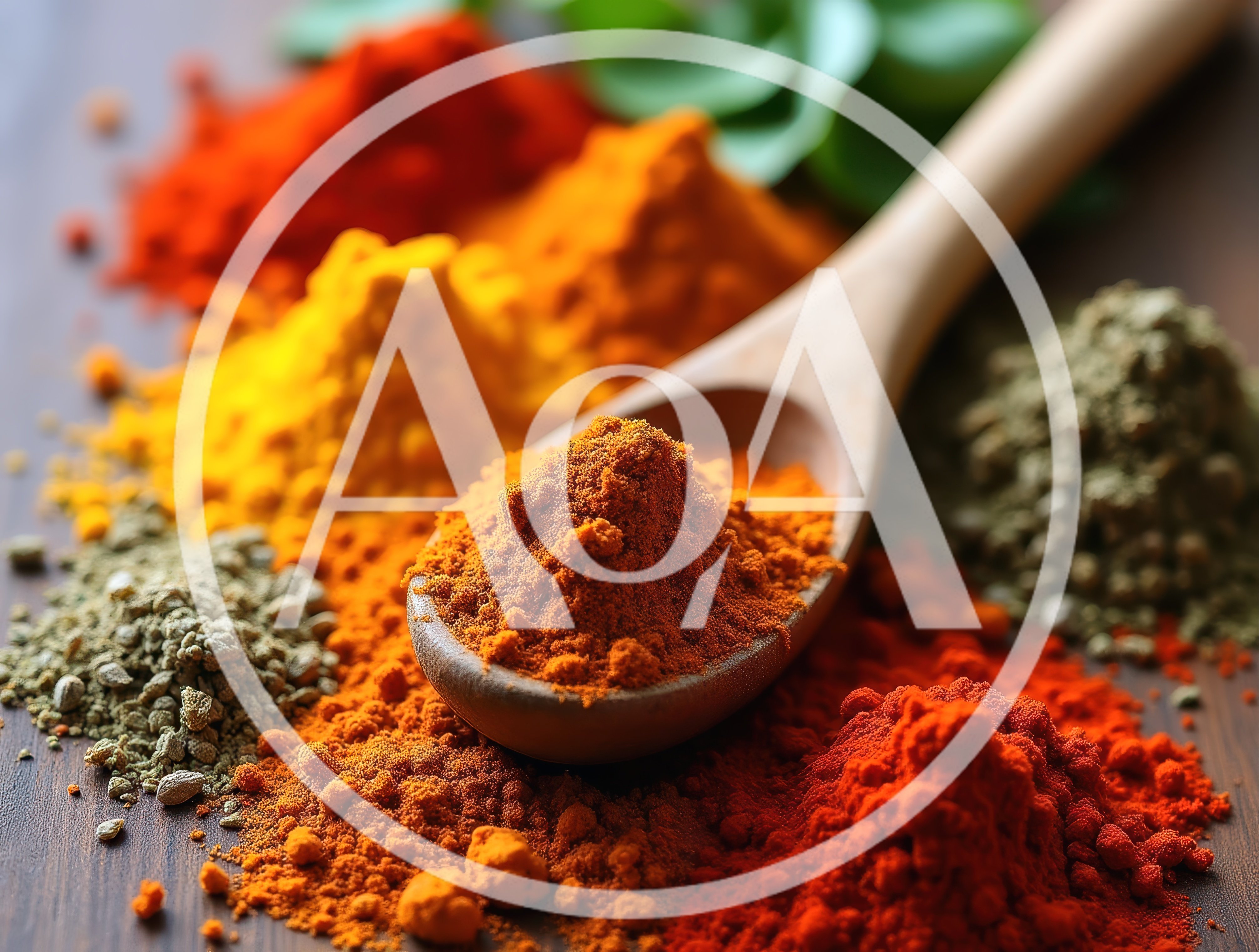 Wooden Spoon With Vibrant Spices On Wooden Surface