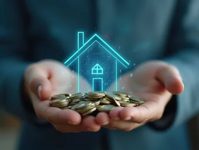 Person Holding Digital House Hologram Over Gold Coins