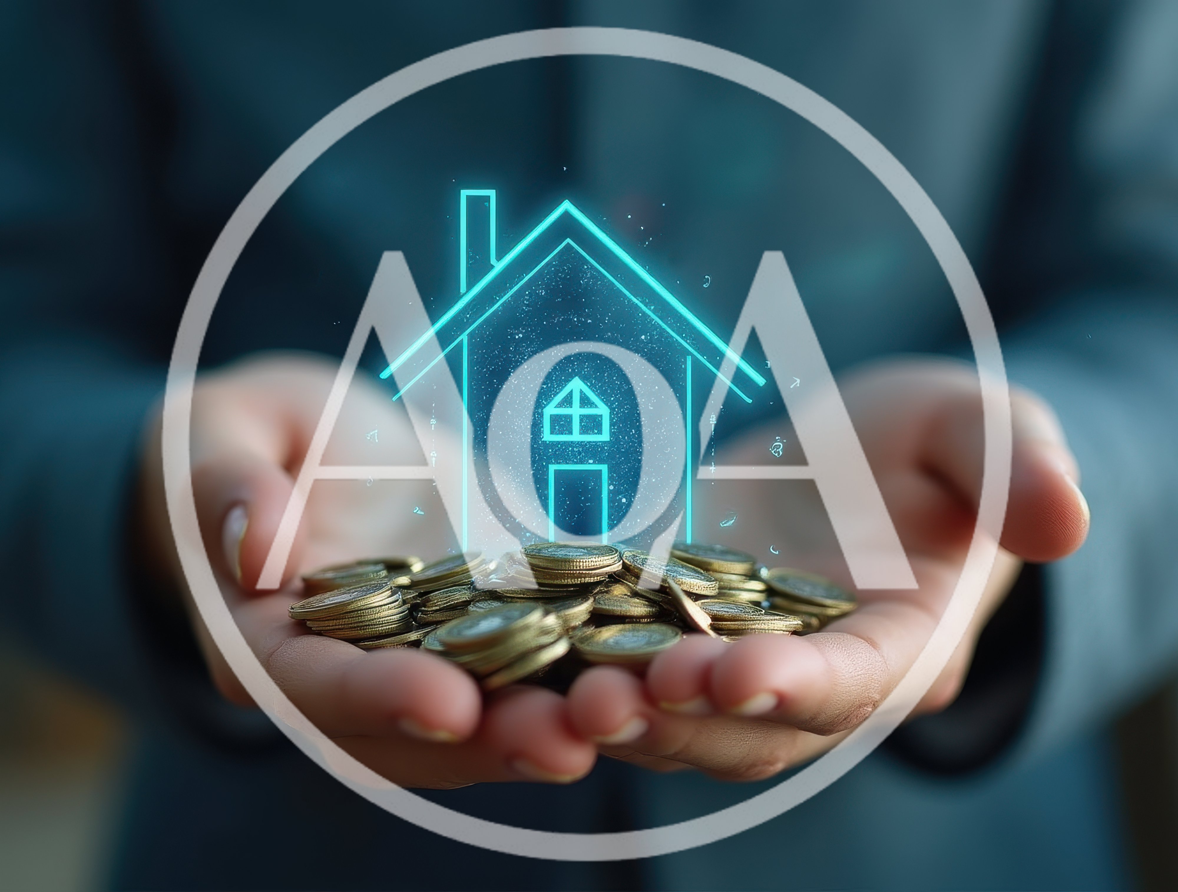 Person Holding Digital House Hologram Over Gold Coins