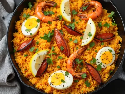 Paella With Shrimp Chorizo And Hard Boiled Eggs
