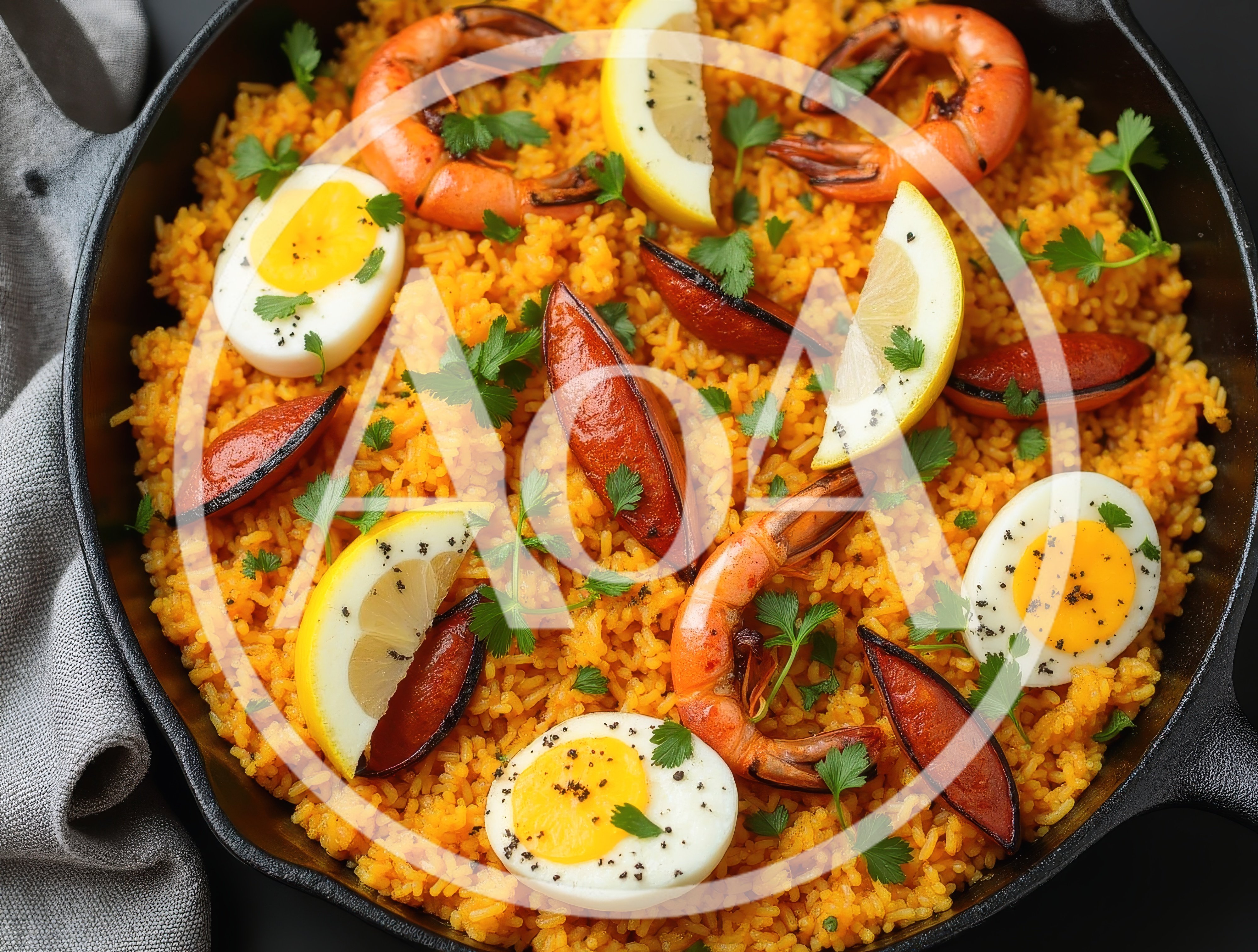 Paella With Shrimp Chorizo And Hard Boiled Eggs