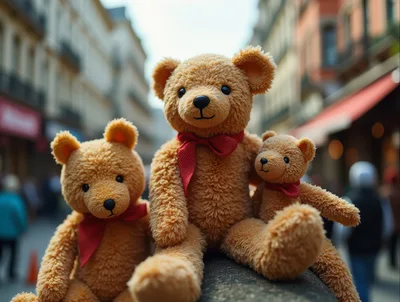 Three Teddy Bears Sitting On A City Street