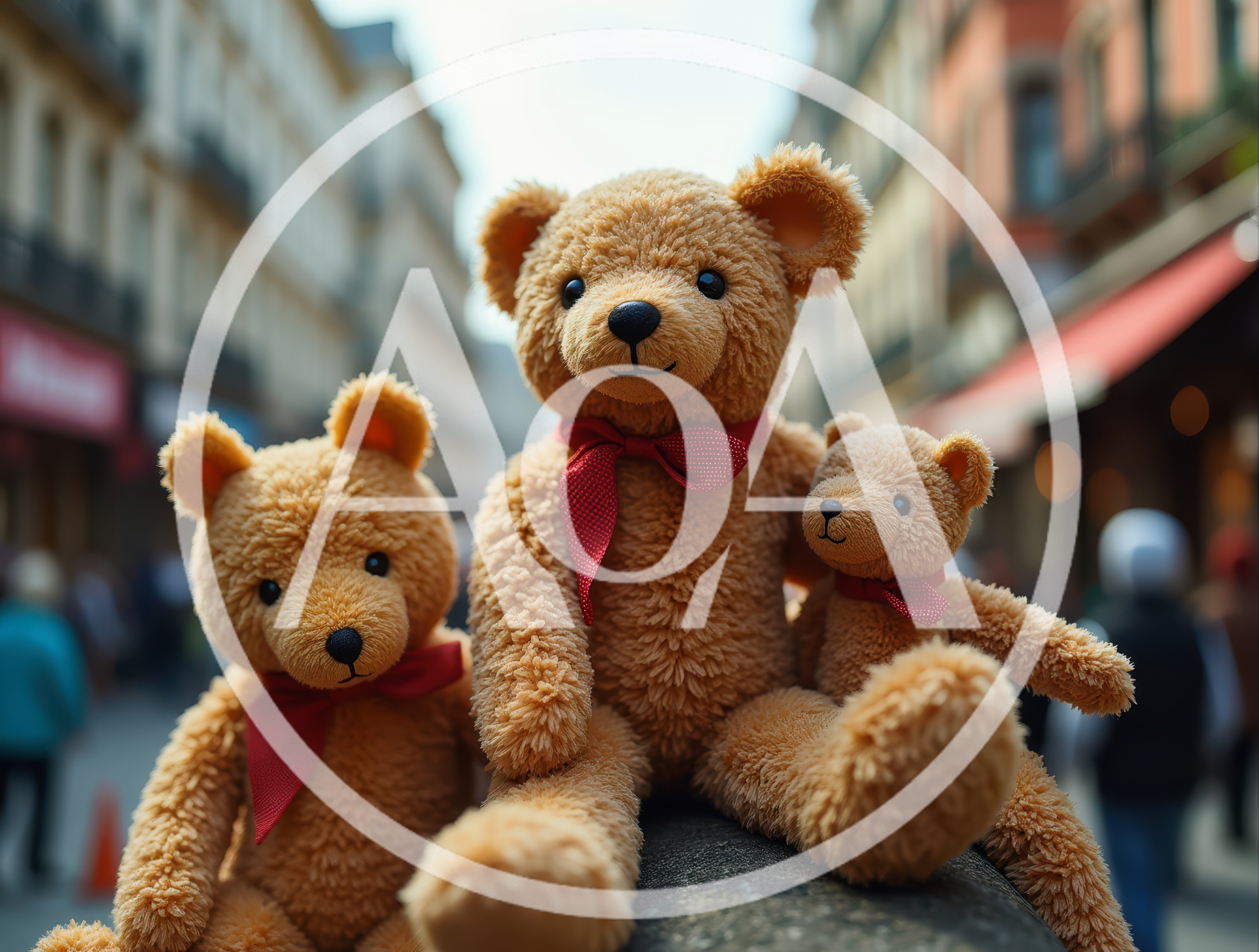 Three Teddy Bears Sitting On A City Street