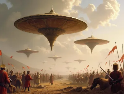 Ancient Army Facing Futuristic Floating Golden Flying Saucers
