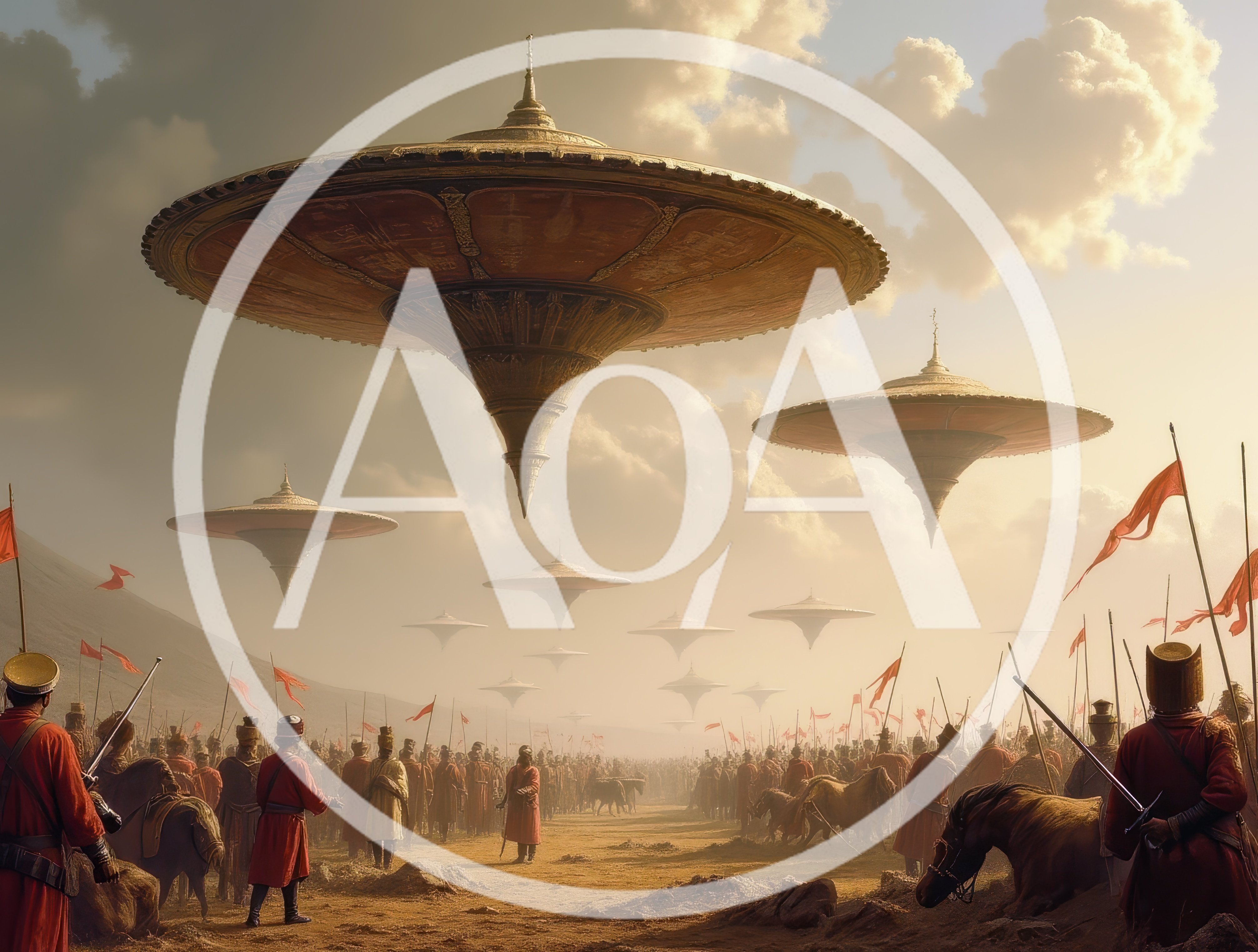 Ancient Army Facing Futuristic Floating Golden Flying Saucers