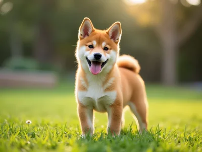 Adorable Shiba Inu Puppy Standing In A Sunny Park