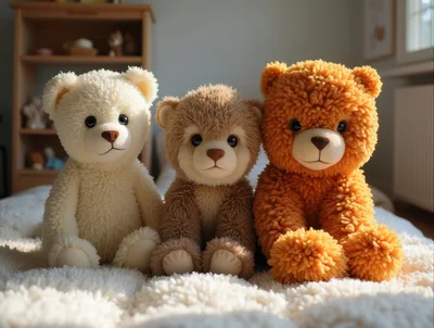 Three Plush Teddy Bears Sitting On A Bed