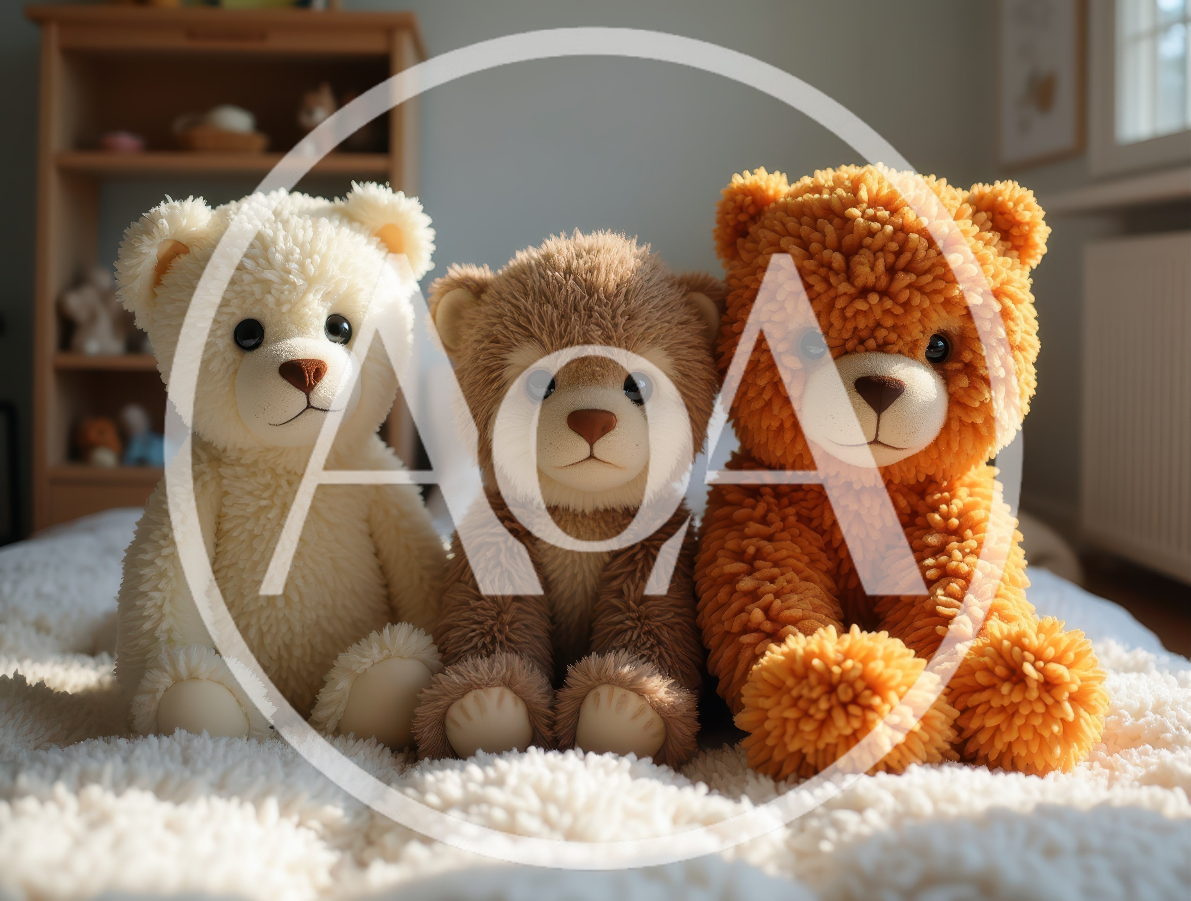 Three Plush Teddy Bears Sitting On A Bed