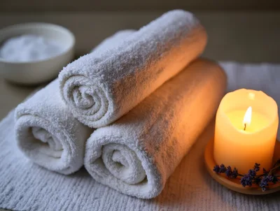 Spa Relaxation Setup With Rolled Towels And Candle