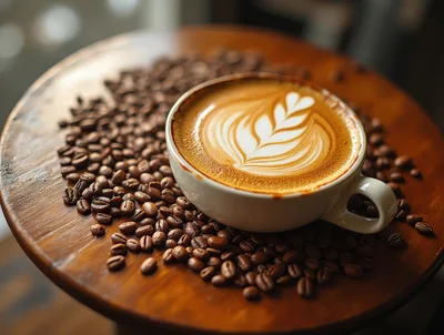 Latte Art Coffee Cup Surrounded By Roasted Coffee Beans