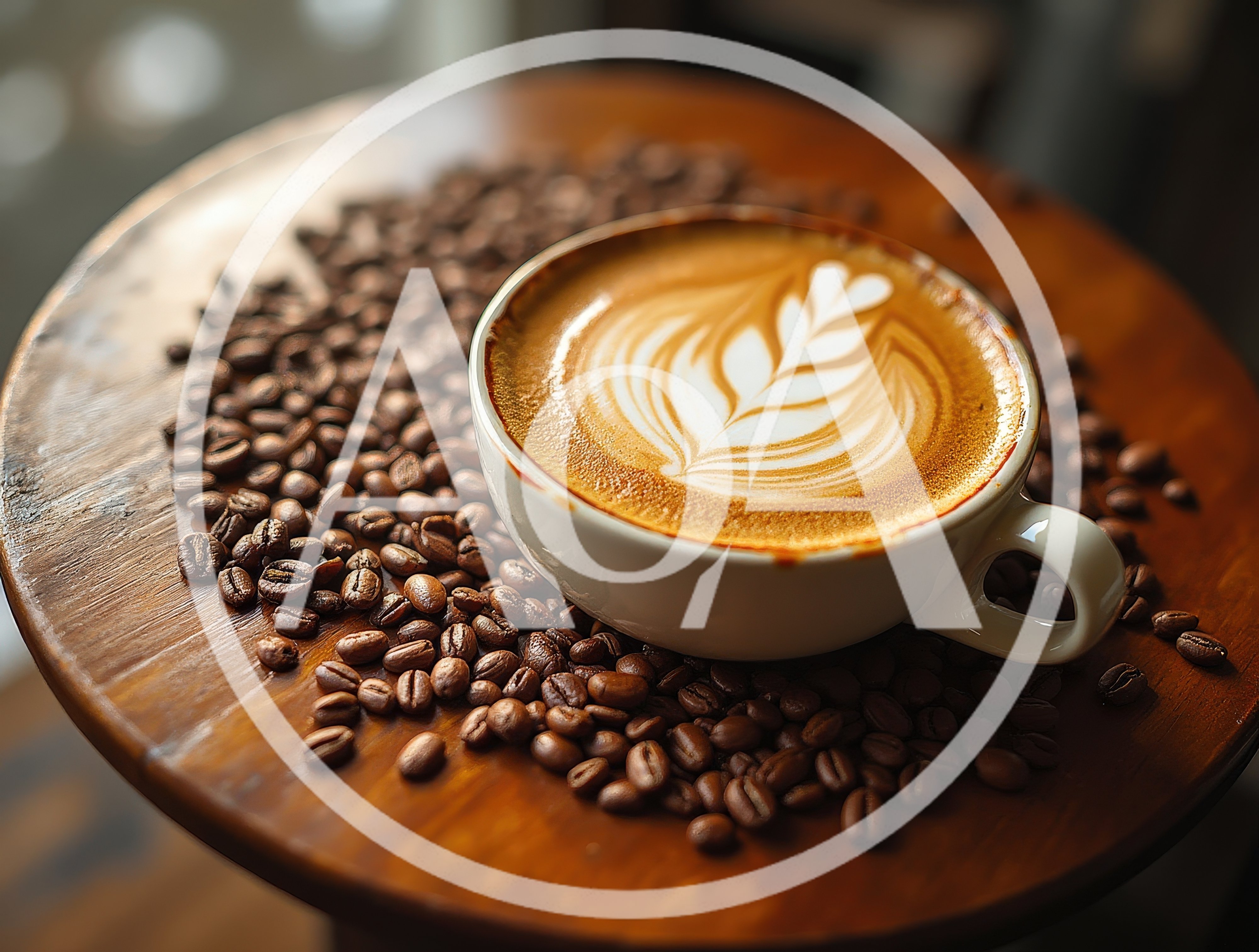Latte Art Coffee Cup Surrounded By Roasted Coffee Beans