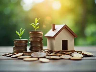 Miniature House Model With Stacks Of Coins And Plants