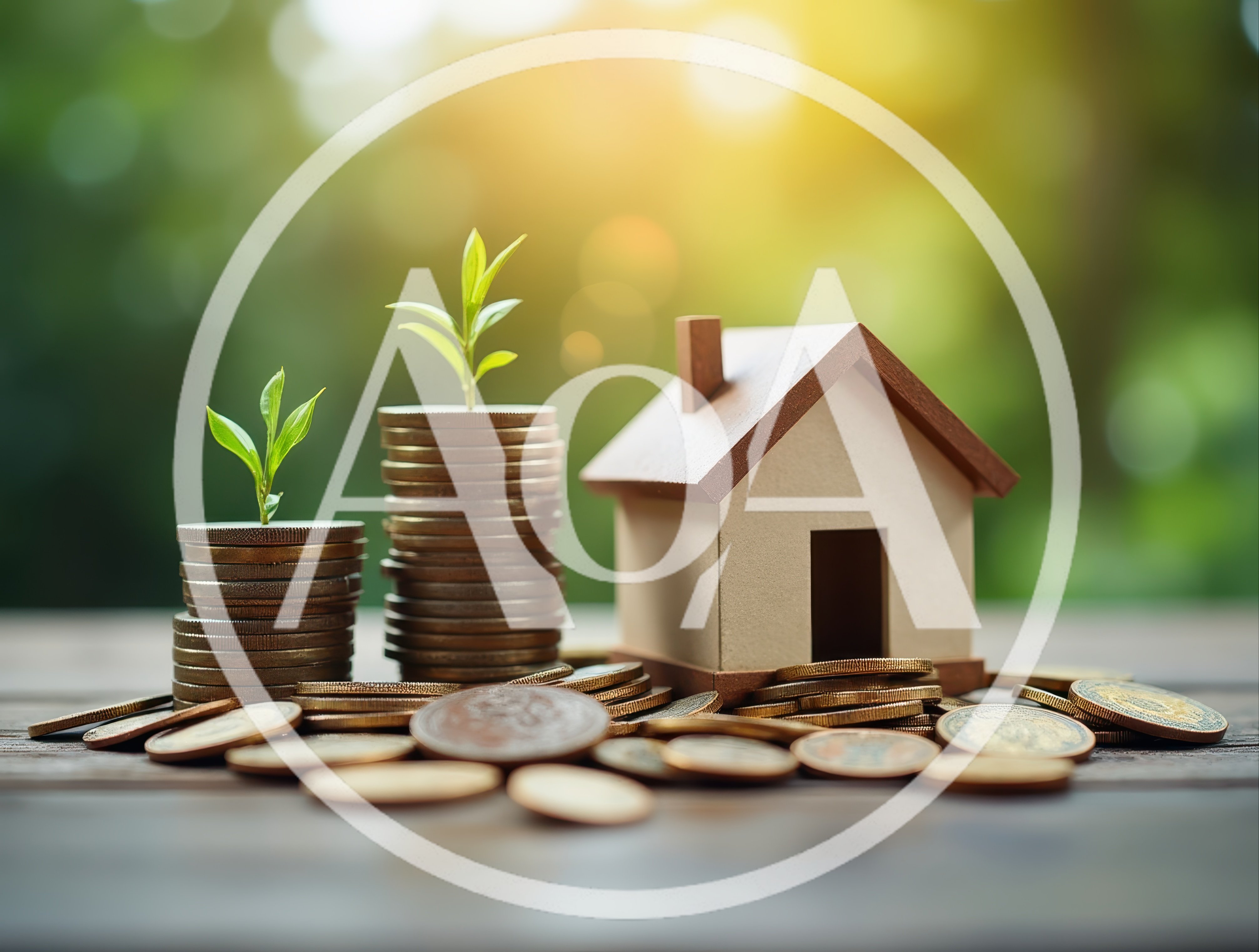 Miniature House Model With Stacks Of Coins And Plants