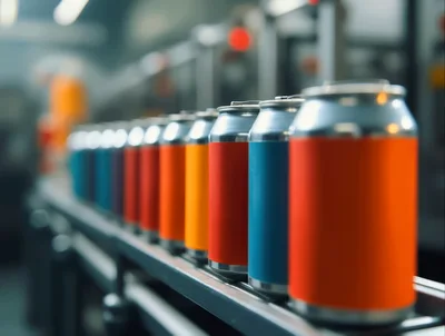 Aluminum Beverage Cans Moving Along Industrial Conveyor Belt