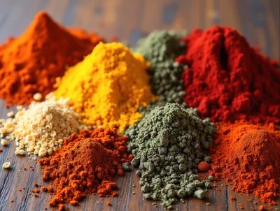 Assorted Colorful Spices Piled on Wooden Surface