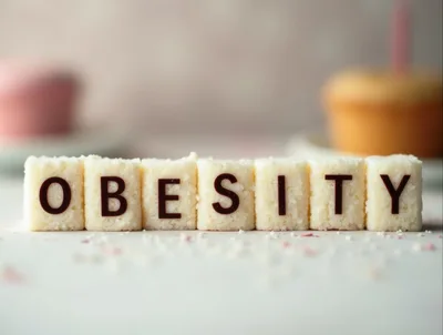 Sugar Cubes Spelling Obesity With Blurred Cupcakes Background