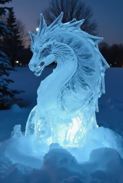 Illuminated Ice Dragon Sculpture In Snowy Park